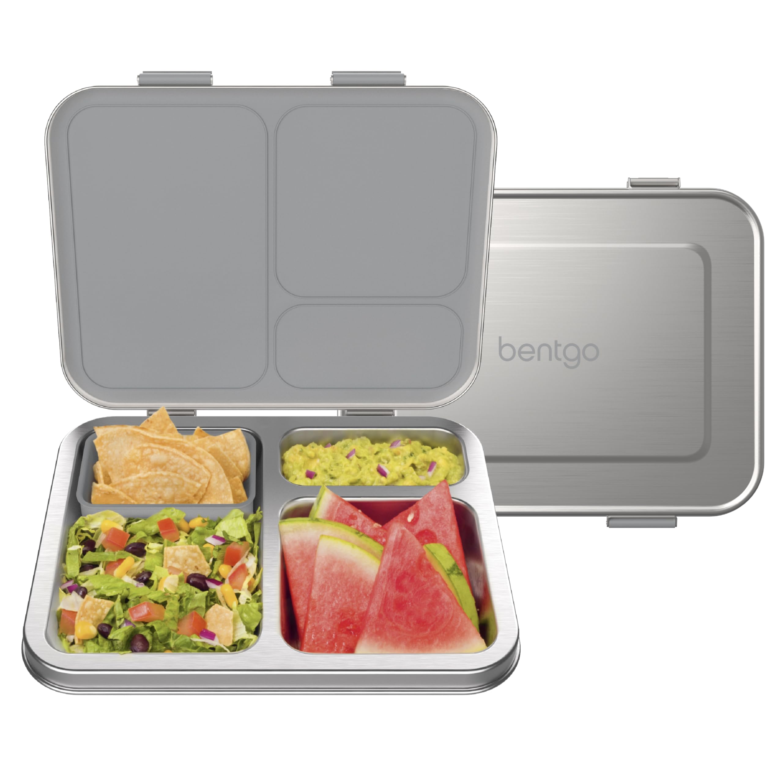 Bentgo Kids lunchbox silver with three compartments for organized school meals.