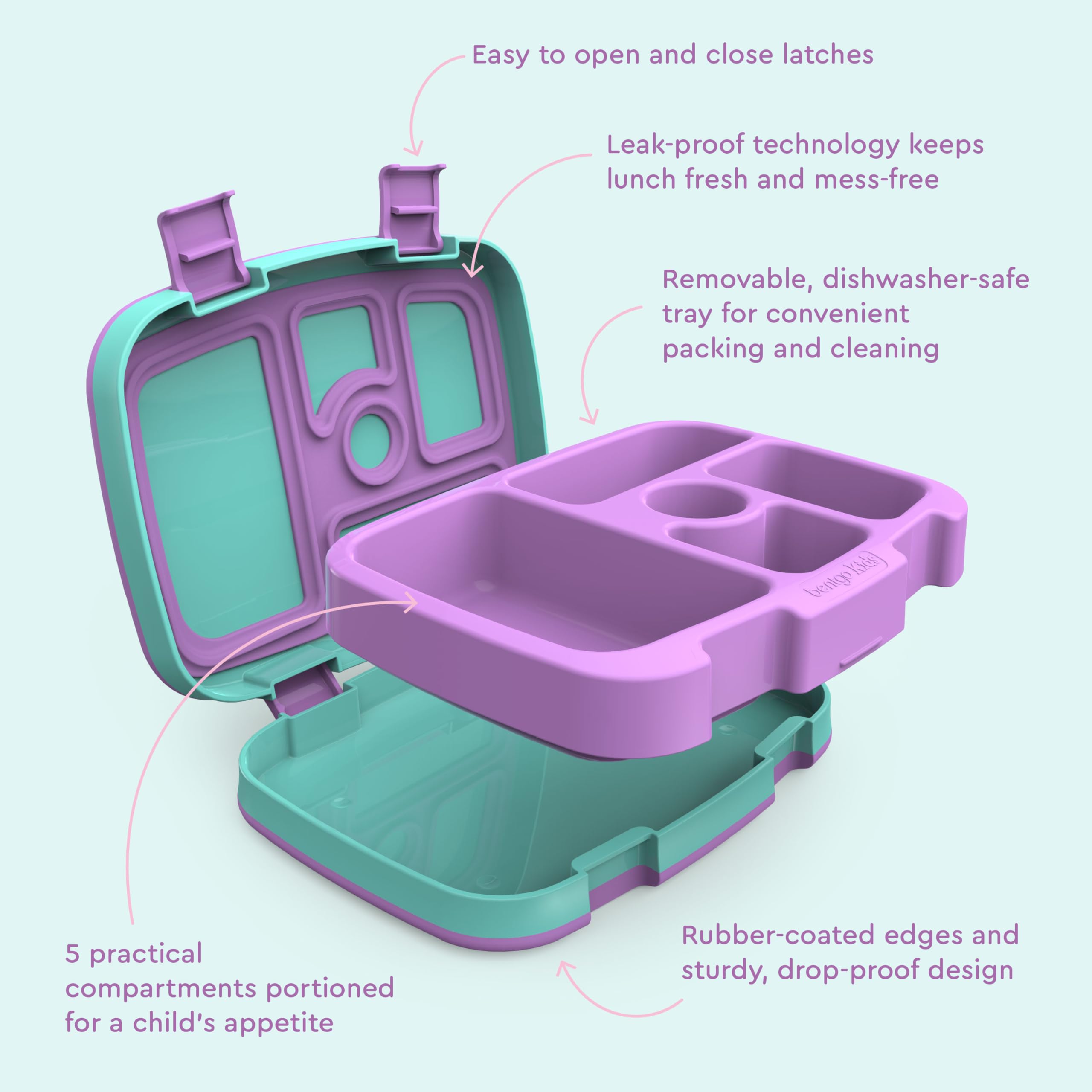 Bentgo Kids Mermaid Scales easy cleanup with dishwasher-safe components.