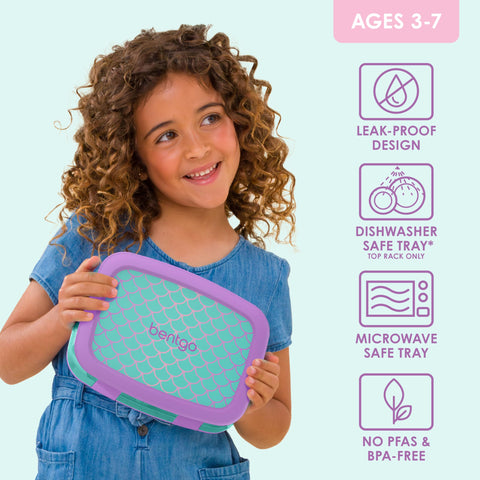 Bentgo Kids Mermaid Scales edge detail highlighting rubber-coated, drop-proof design.