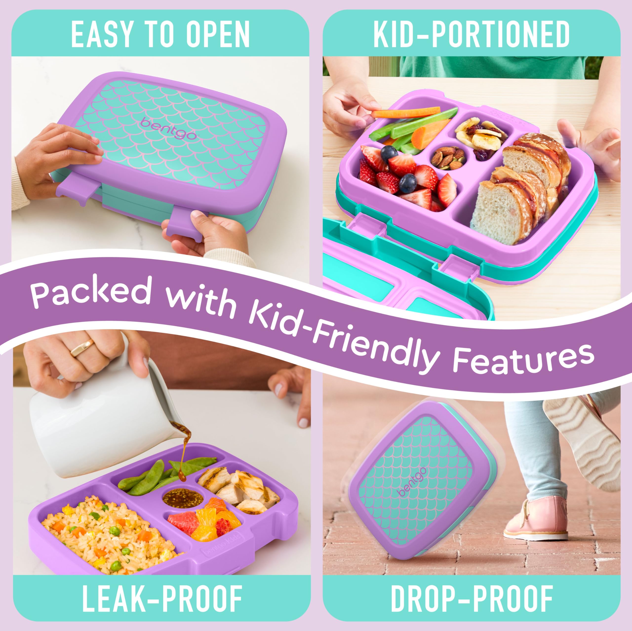 Bentgo Kids Mermaid Scales removable tray ready for microwave reheating.