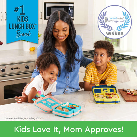 Bentgo Kids Prints five-compartment layout showing portioning for ages 3–7