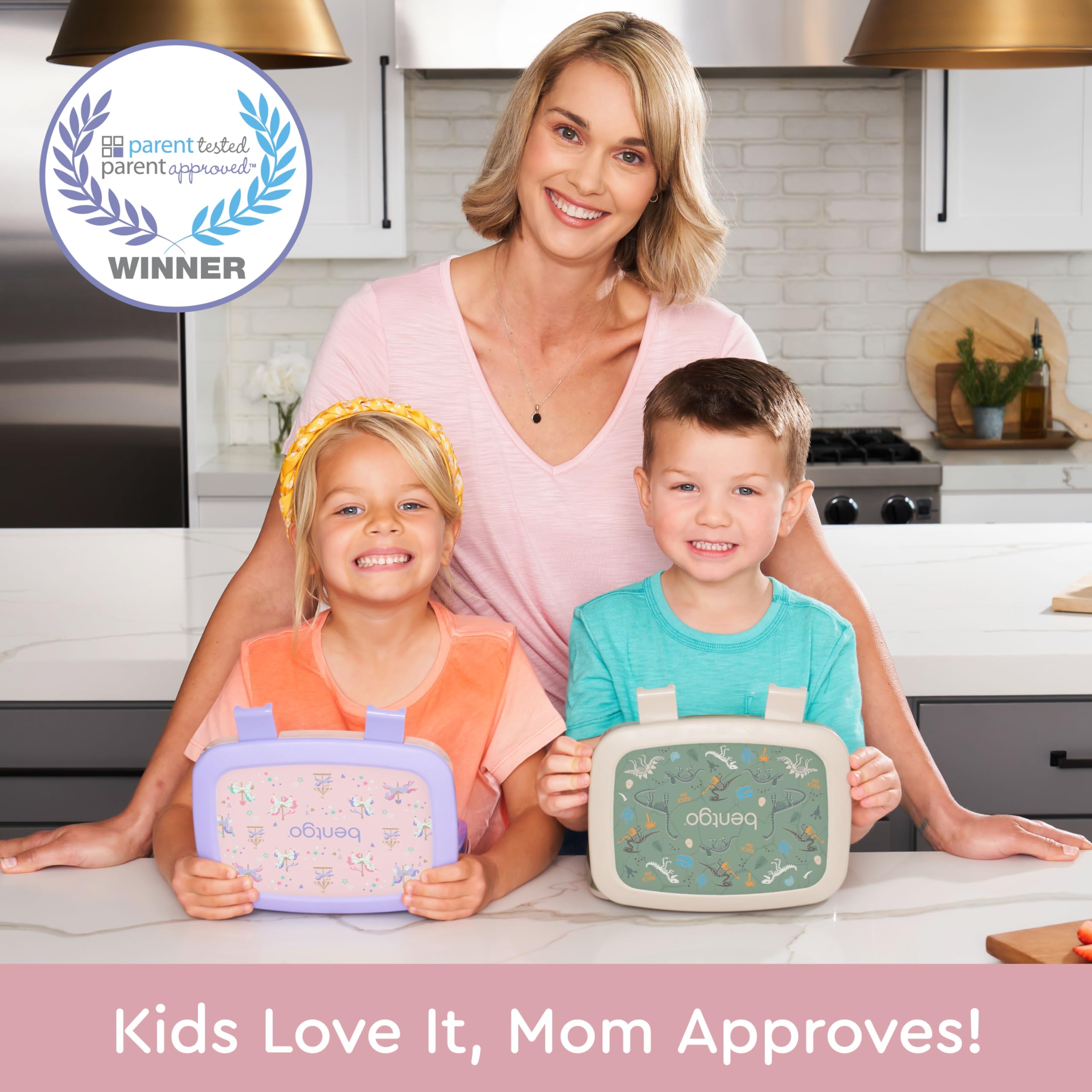 Bentgo Kids Prints five-compartment layout demonstrates precise portioning for ages 3-7.