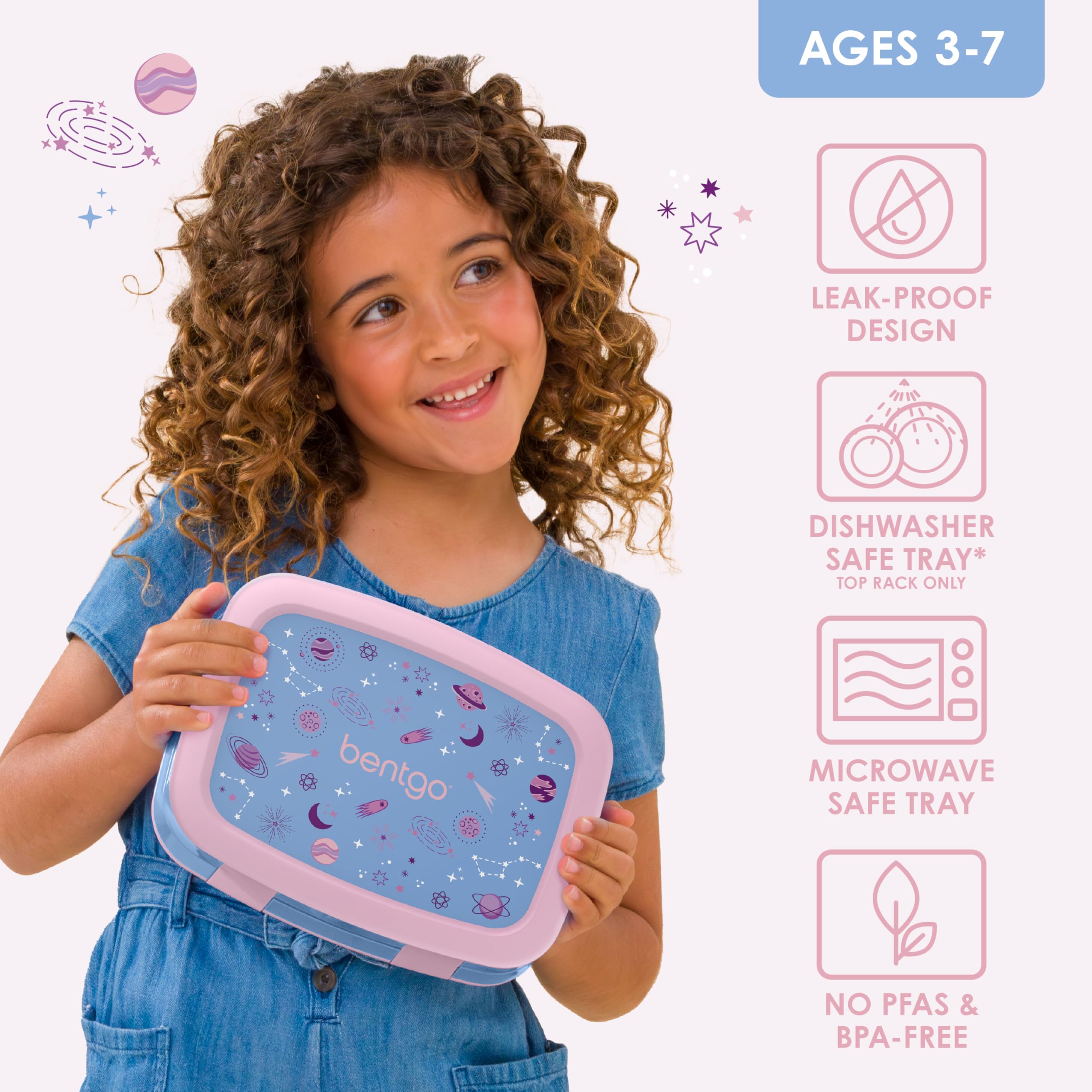 Bentgo Kids Prints Lavender Galaxy lunch box compartments highlighted for organized meals