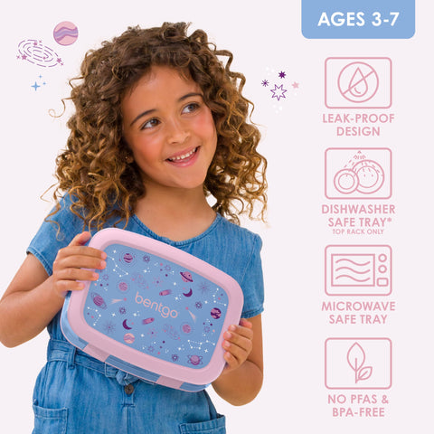 Bentgo Kids Prints Lavender Galaxy lunch box compartments highlighted for organized meals