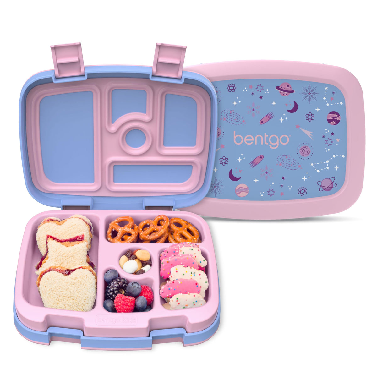 Bentgo Kids Prints Lavender Galaxy lunch box front view with 5 compartments for balanced meals