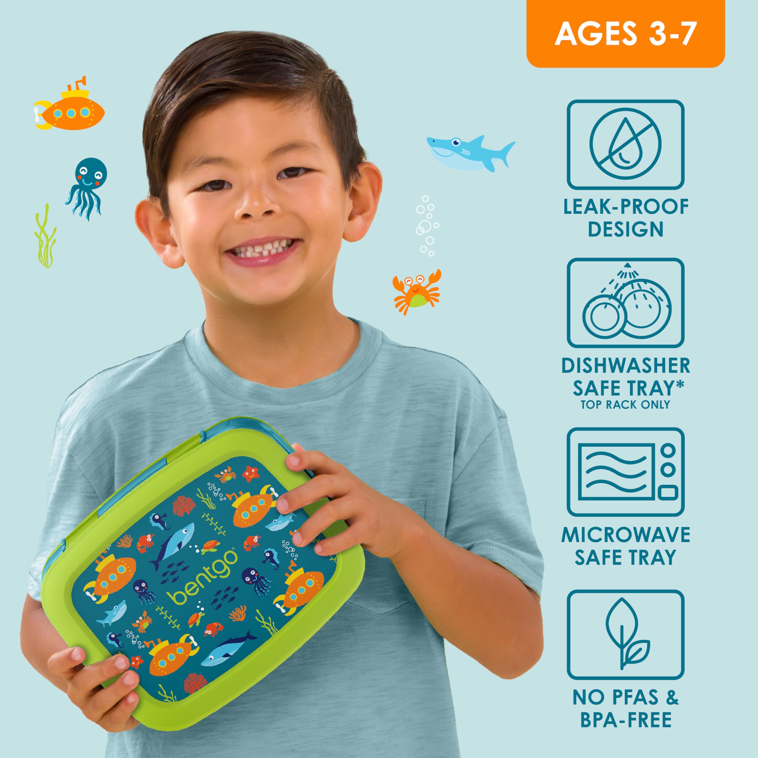 Bentgo Kids Prints leak-proof lid keeps sauces contained during school.