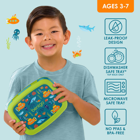 Bentgo Kids Prints leak-proof lid keeps sauces contained during school.