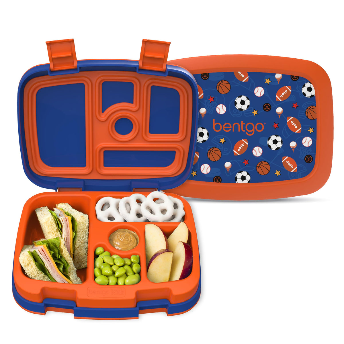 Bentgo Kids Prints leak-proof lunch box with five compartments for school meals.