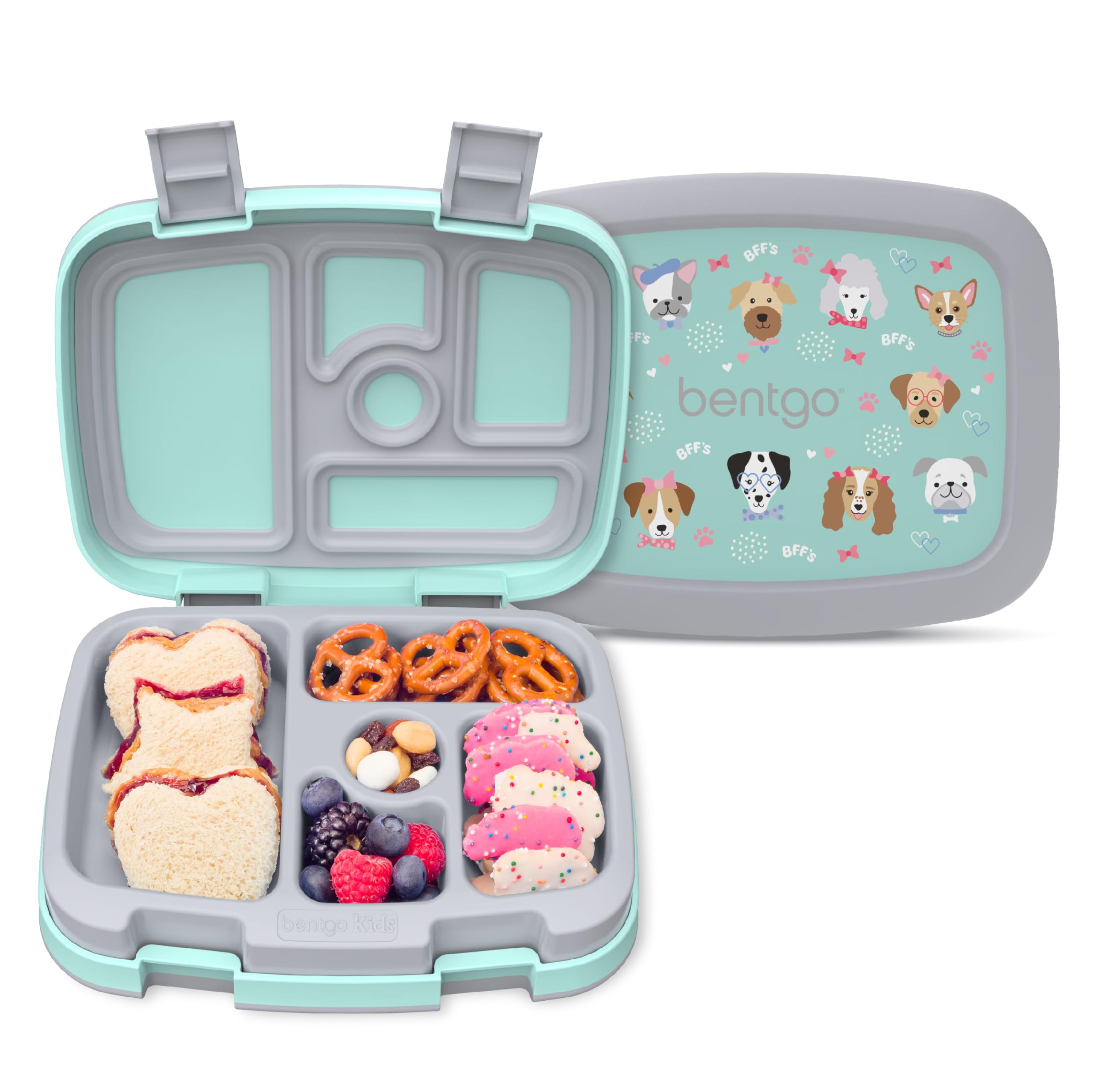 Bentgo Kids Prints leak-proof lunchbox with five compartments for ages 3–7.