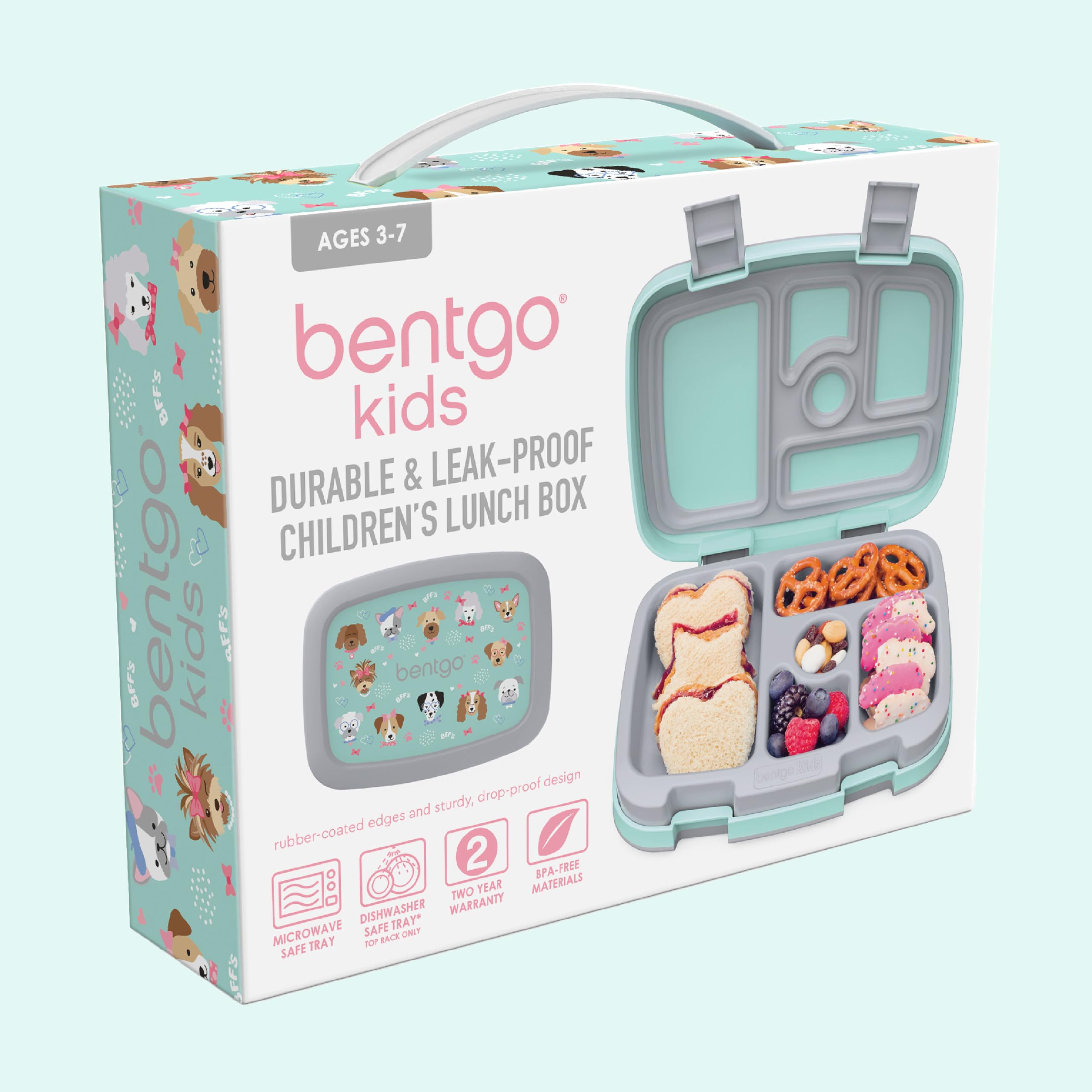 Two-latch lid on Bentgo Kids Prints keeps lunches secure during transport.