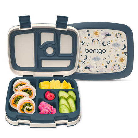 Bentgo Kids Prints lunch box top view with five compartments for balanced meals.