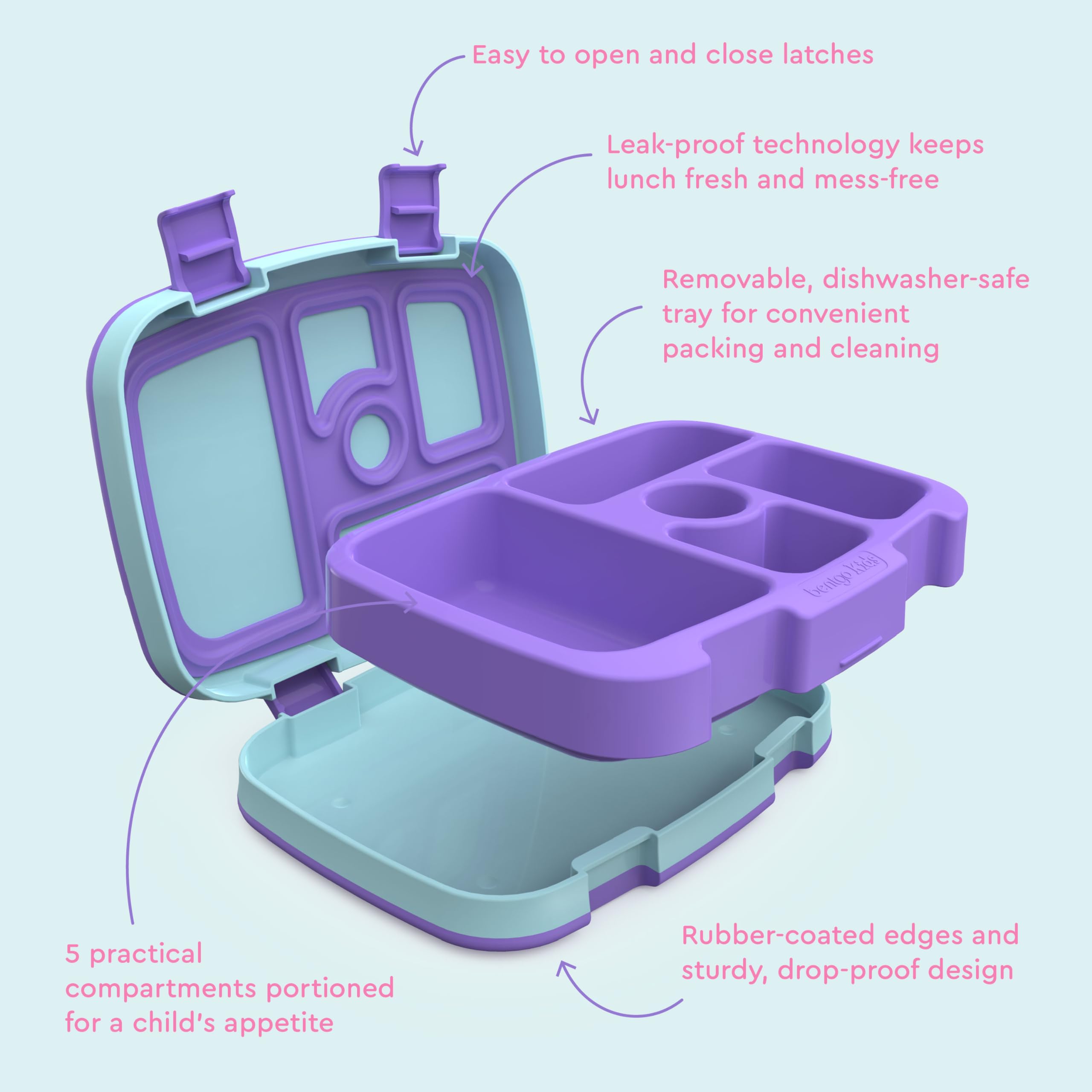 Bentgo Kids Prints microwave-safe removable tray for easy reheating at home or school.