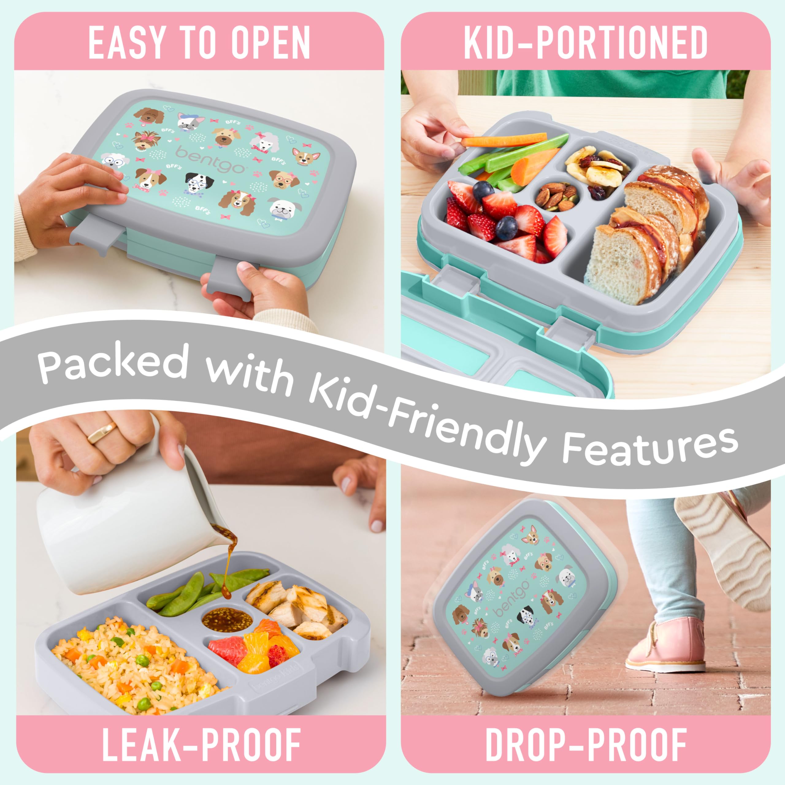 Removable microwave-safe tray in Bentgo Kids Prints lunch box for reheating meals.