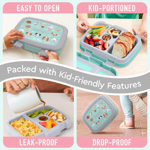 Removable microwave-safe tray in Bentgo Kids Prints lunch box for reheating meals.