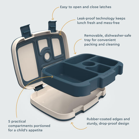 Bentgo Kids Prints microwave-safe tray for quick reheating at home or school.