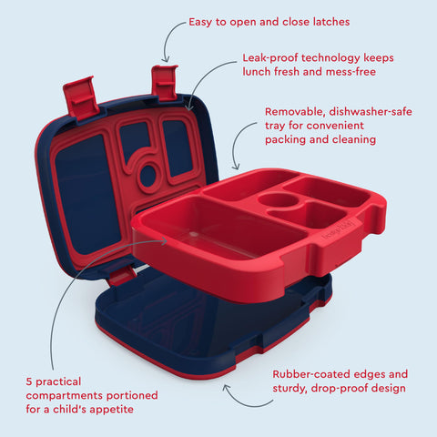 Bentgo Kids Rocket lunchbox drop-proof design protects contents during active days.