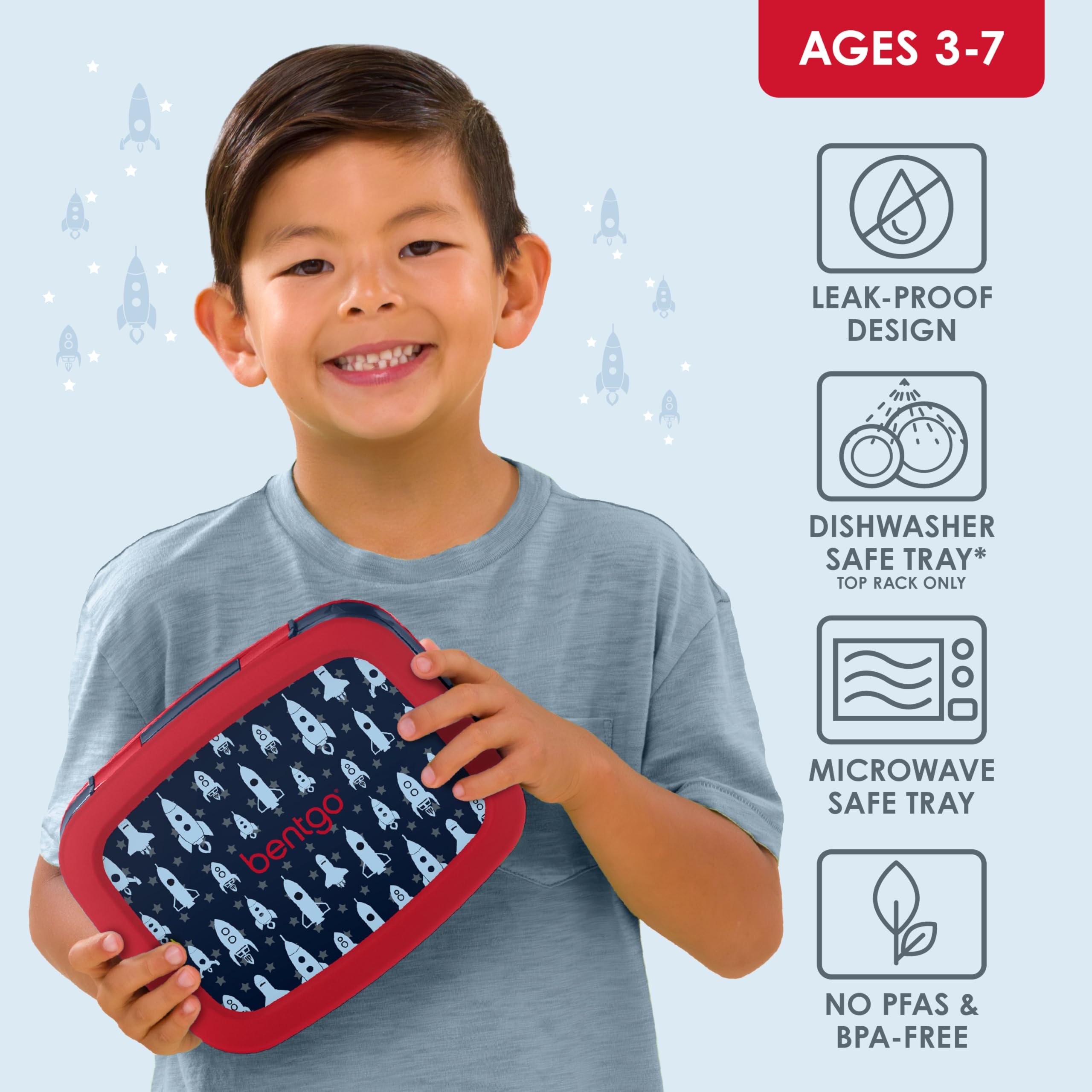 Bentgo Kids Rocket lunchbox with leak-proof lid preventing spills during transport.