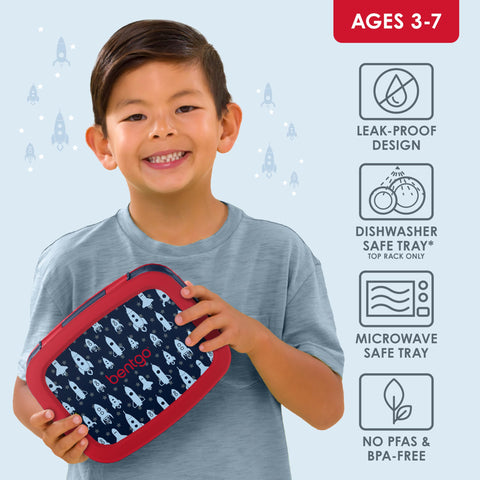 Bentgo Kids Rocket lunchbox with leak-proof lid preventing spills during transport.