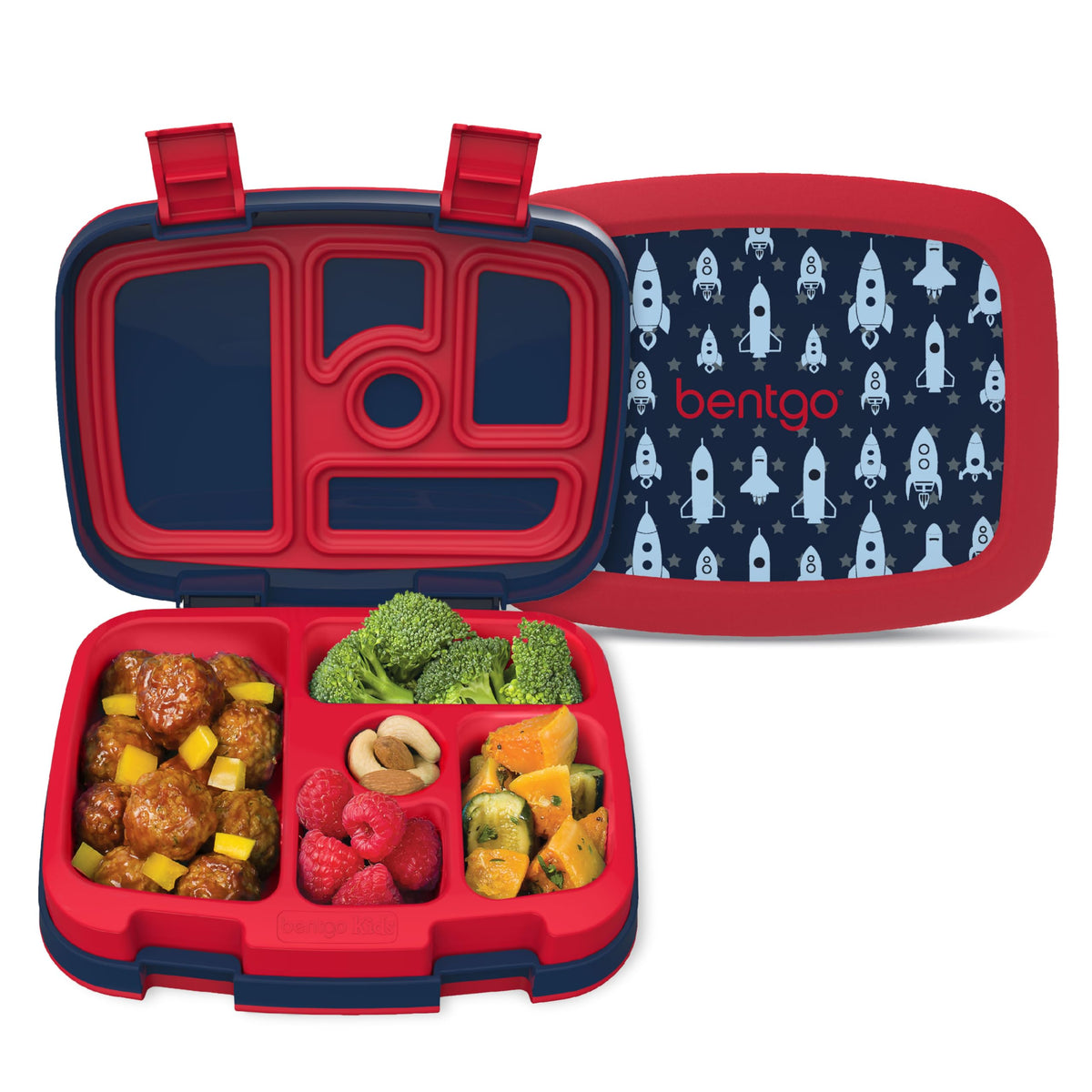 Bentgo Kids Rocket lunchbox with open lid showing five compartments for quick, balanced meals.