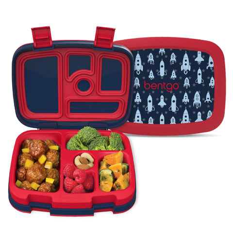 Bentgo Kids Rocket lunchbox with open lid showing five compartments for quick, balanced meals.