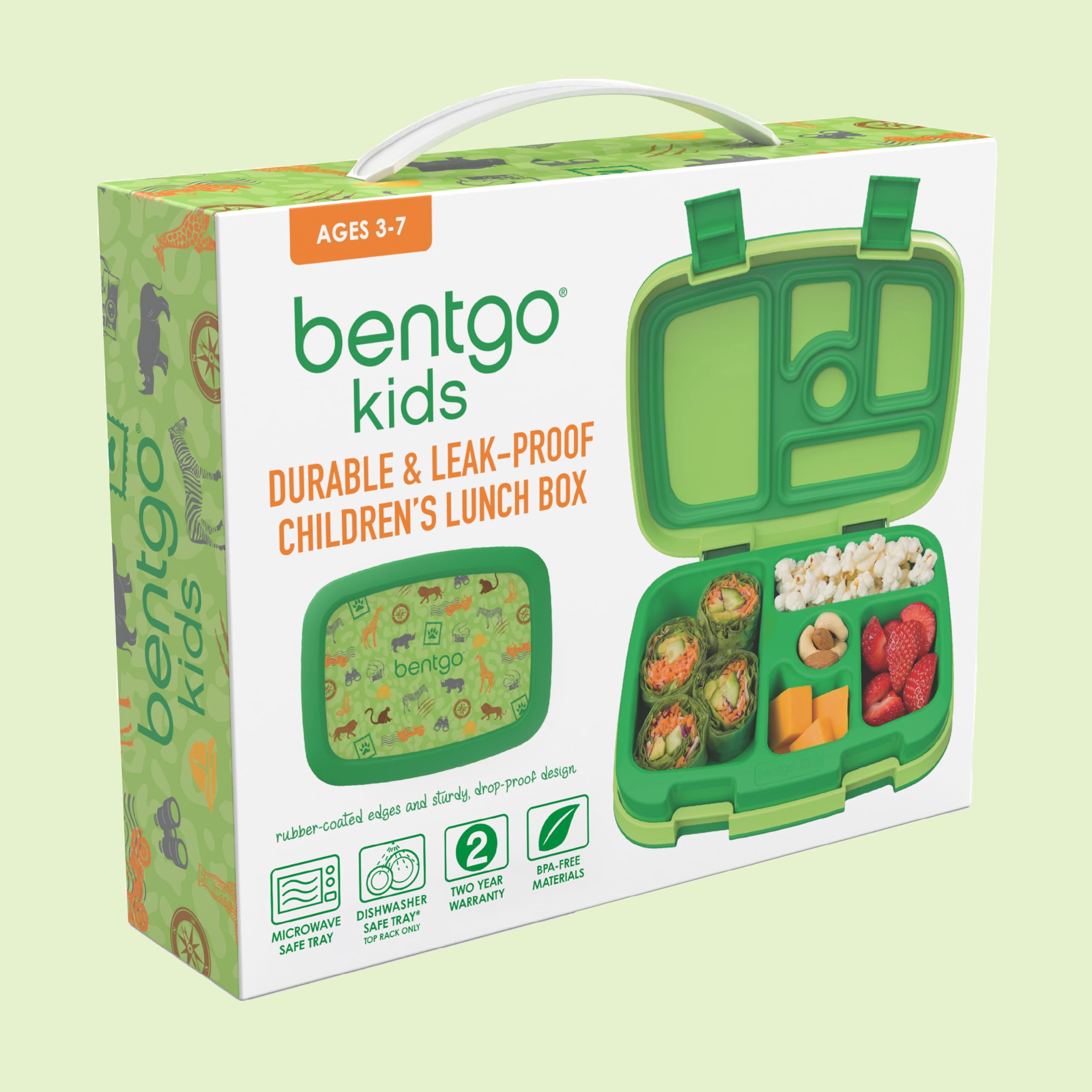 Bentgo Kids Safari lunch box shows BPA-free materials and vibrant print.