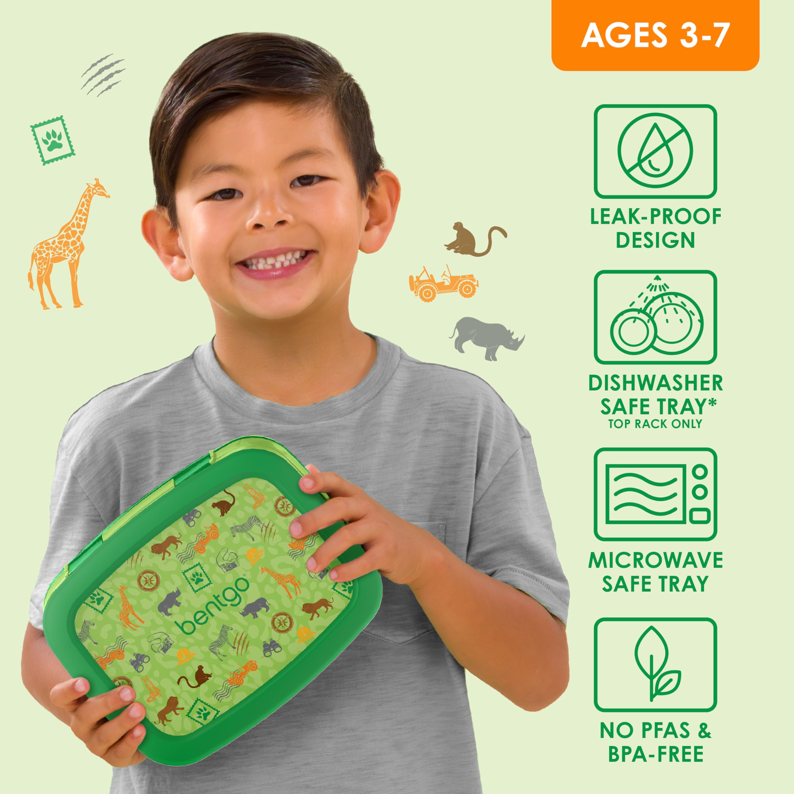 Bentgo Kids Safari lunch box on counter, dishwasher-safe for easy cleaning.