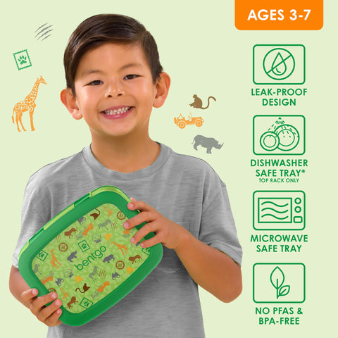Bentgo Kids Safari lunch box on counter, dishwasher-safe for easy cleaning.