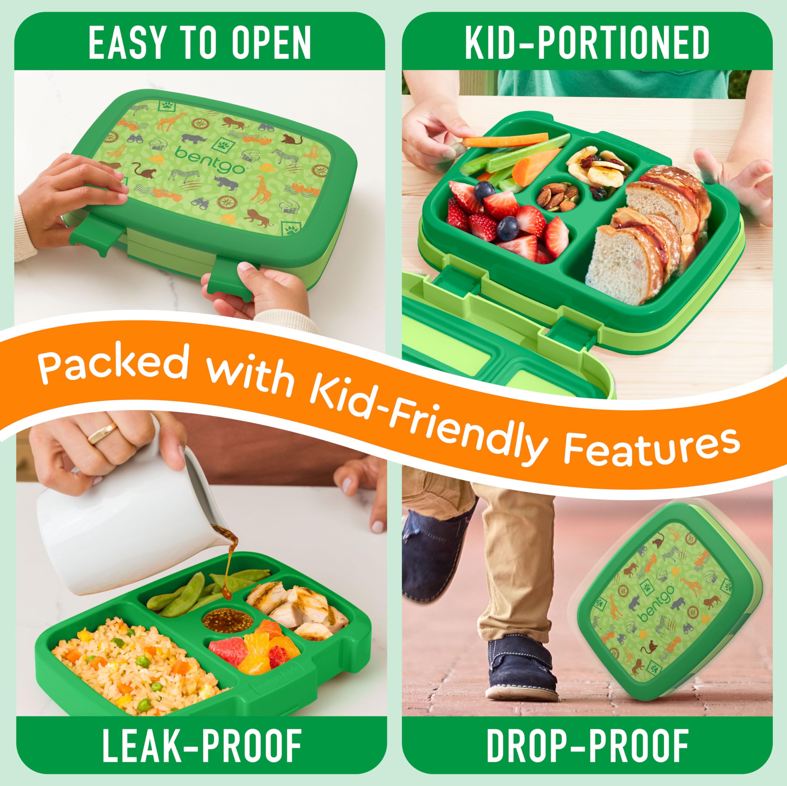 Bentgo Kids Safari lunch box dropped, showcasing durable, drop-proof design.