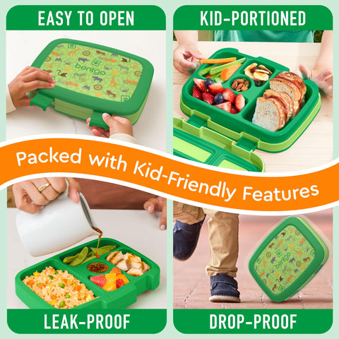 Bentgo Kids Safari lunch box dropped, showcasing durable, drop-proof design.