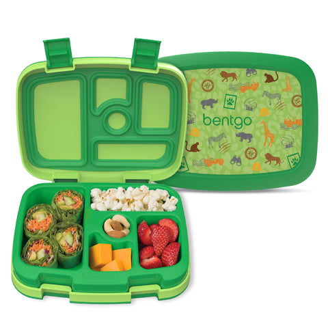 Bentgo Kids Safari lunch box open shows five compartments for balanced portions.