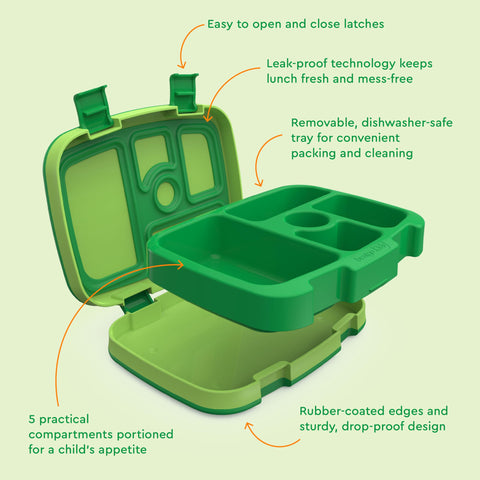 Tray removable for microwave reheating in Bentgo Kids Safari lunch box.
