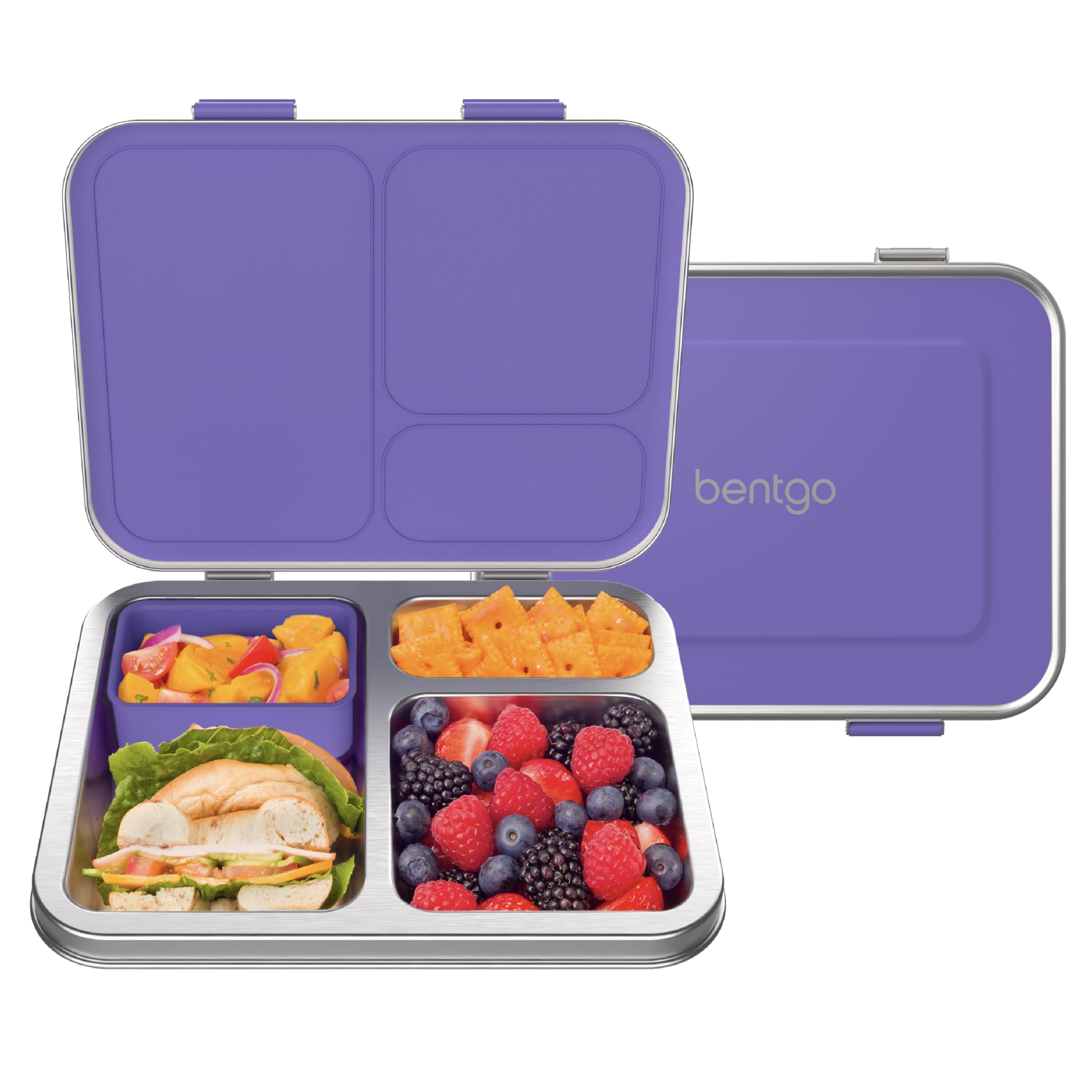 Bentgo Kids stainless steel lunch box shows 3 compartments in purple, ideal for organized meals.