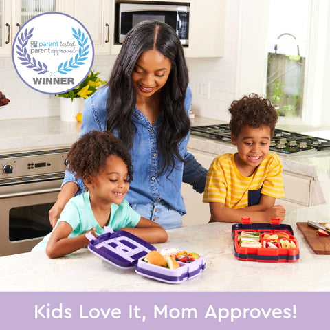 Bentgo Kids Unicorn container displays the five-compartment layout for balanced portions.
