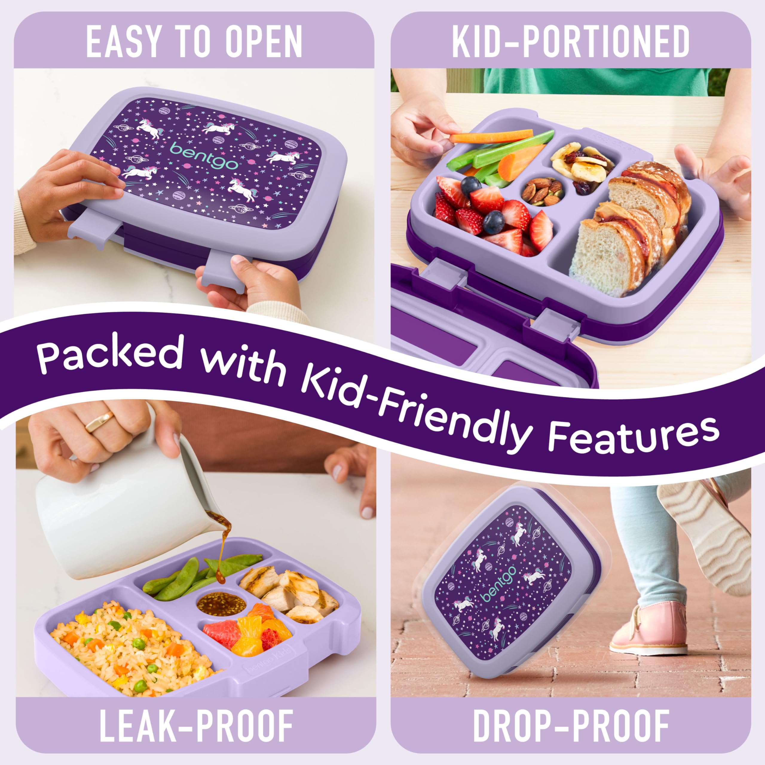 Bentgo Kids Unicorn drop-proof edges protect the lunch box on busy days.
