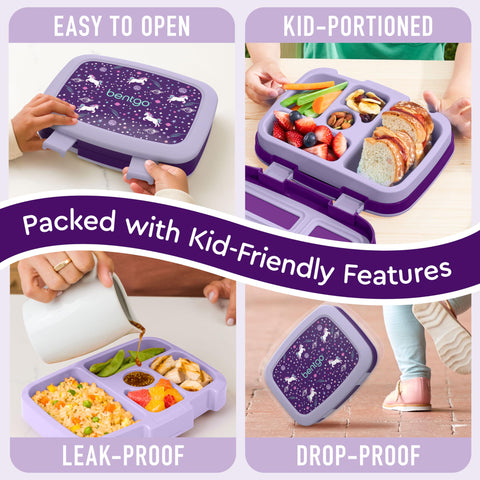 Bentgo Kids Unicorn drop-proof edges protect the lunch box on busy days.