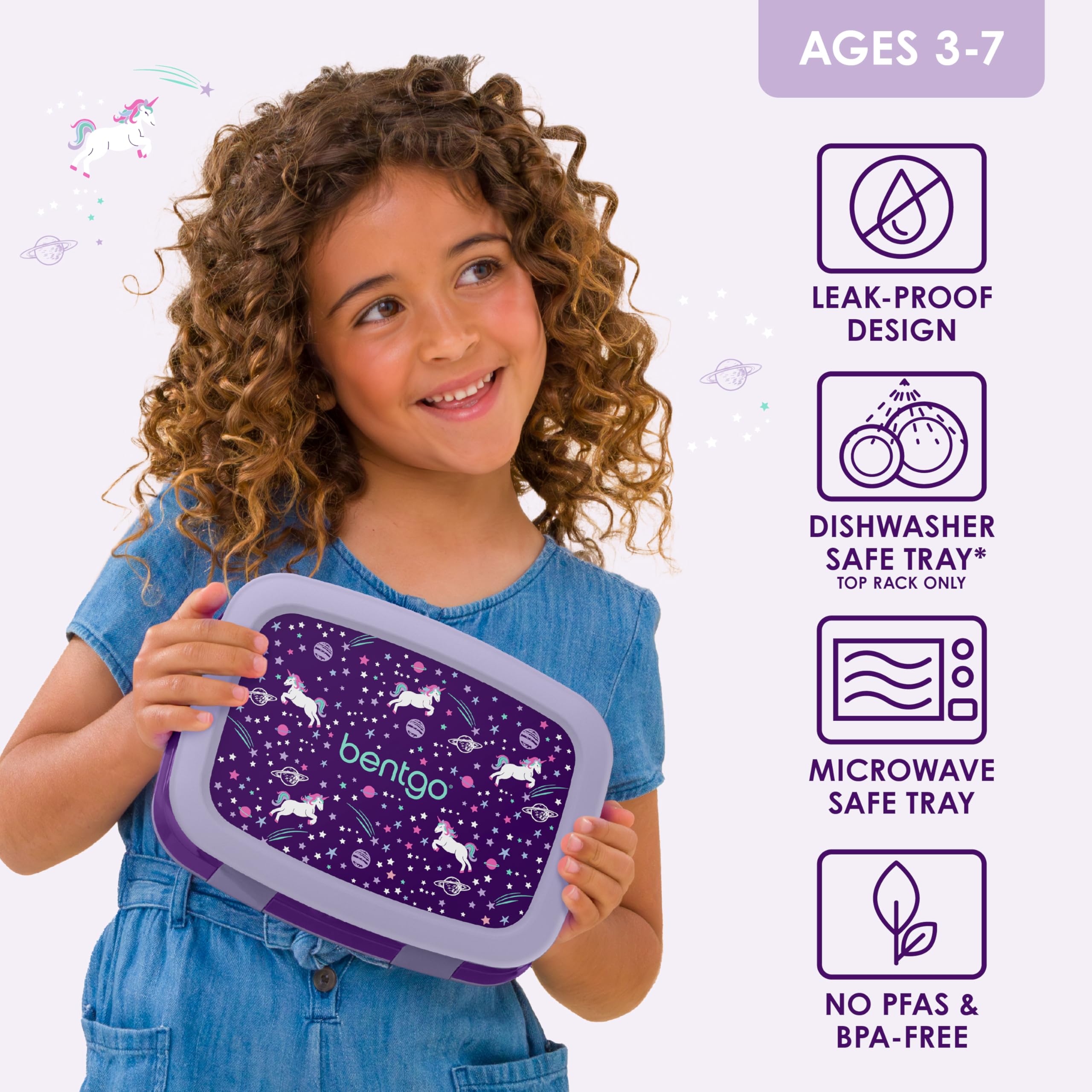 Bentgo Kids Unicorn leak-proof lid keeps meals tidy during school and activities.
