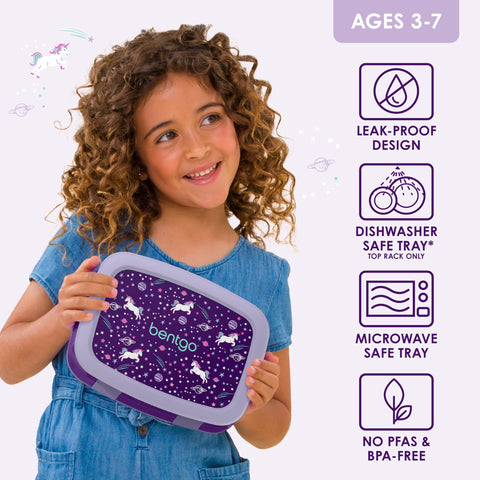Bentgo Kids Unicorn leak-proof lid keeps meals tidy during school and activities.