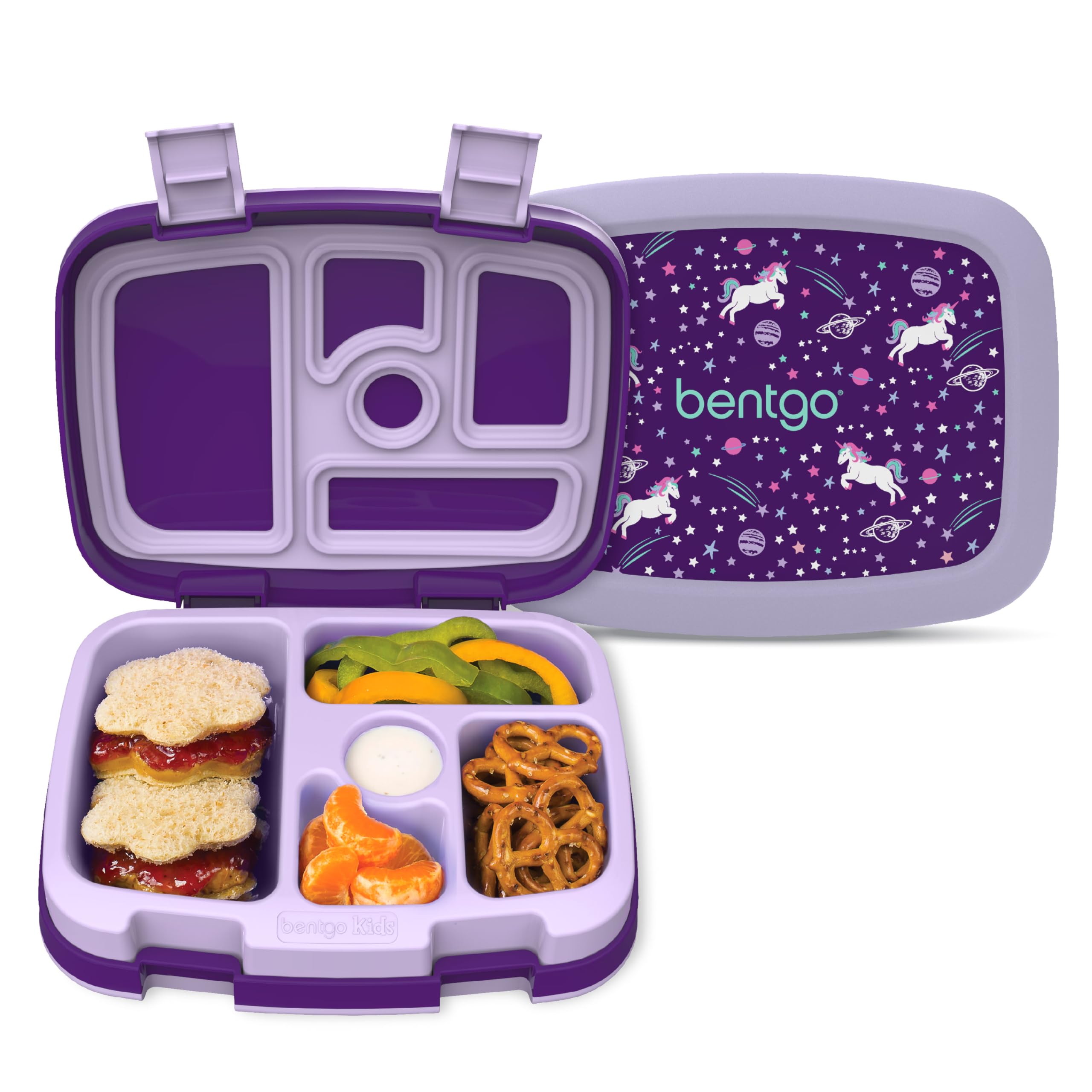 Bentgo Kids Unicorn lunchbox open lid shows five compartments for organized meals.