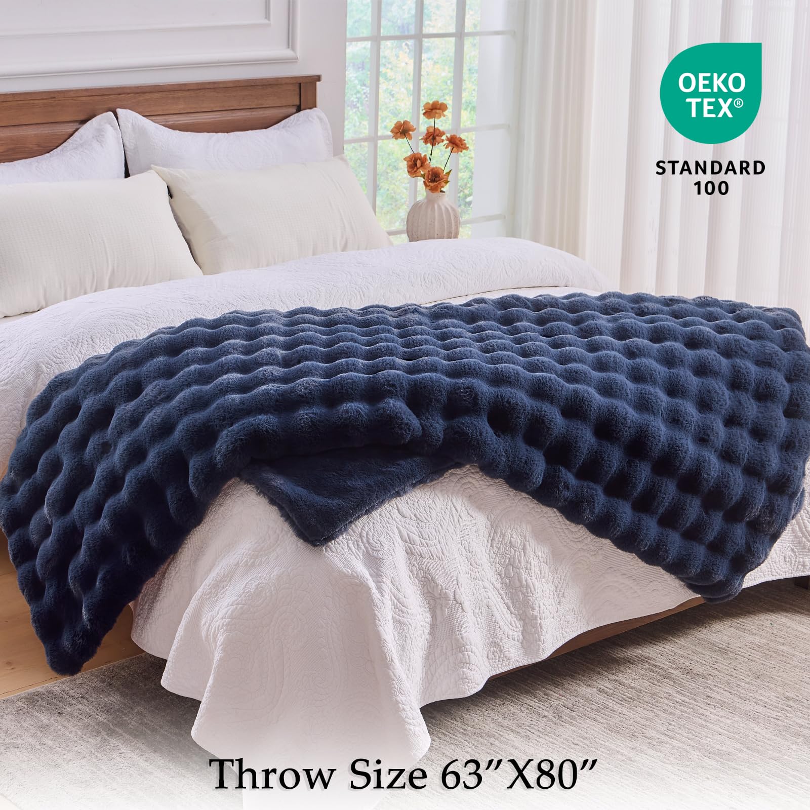 BENVWE bubble texture close-up on navy throw adds tactile depth.