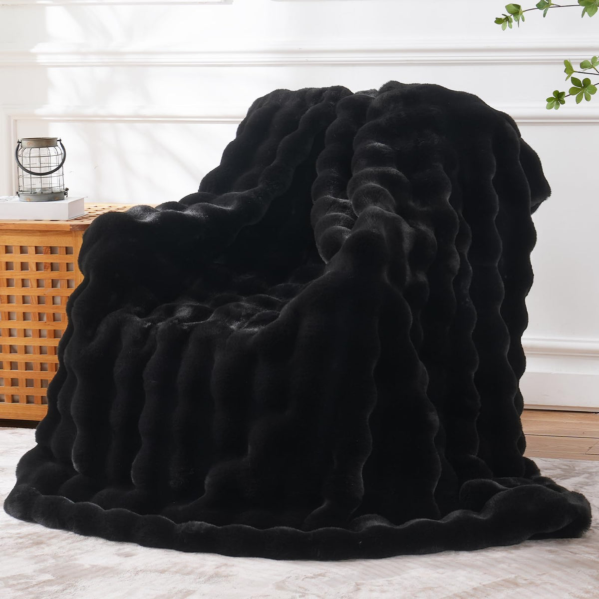 BENVWE faux fur throw with bubble texture adds cozy couch warmth.