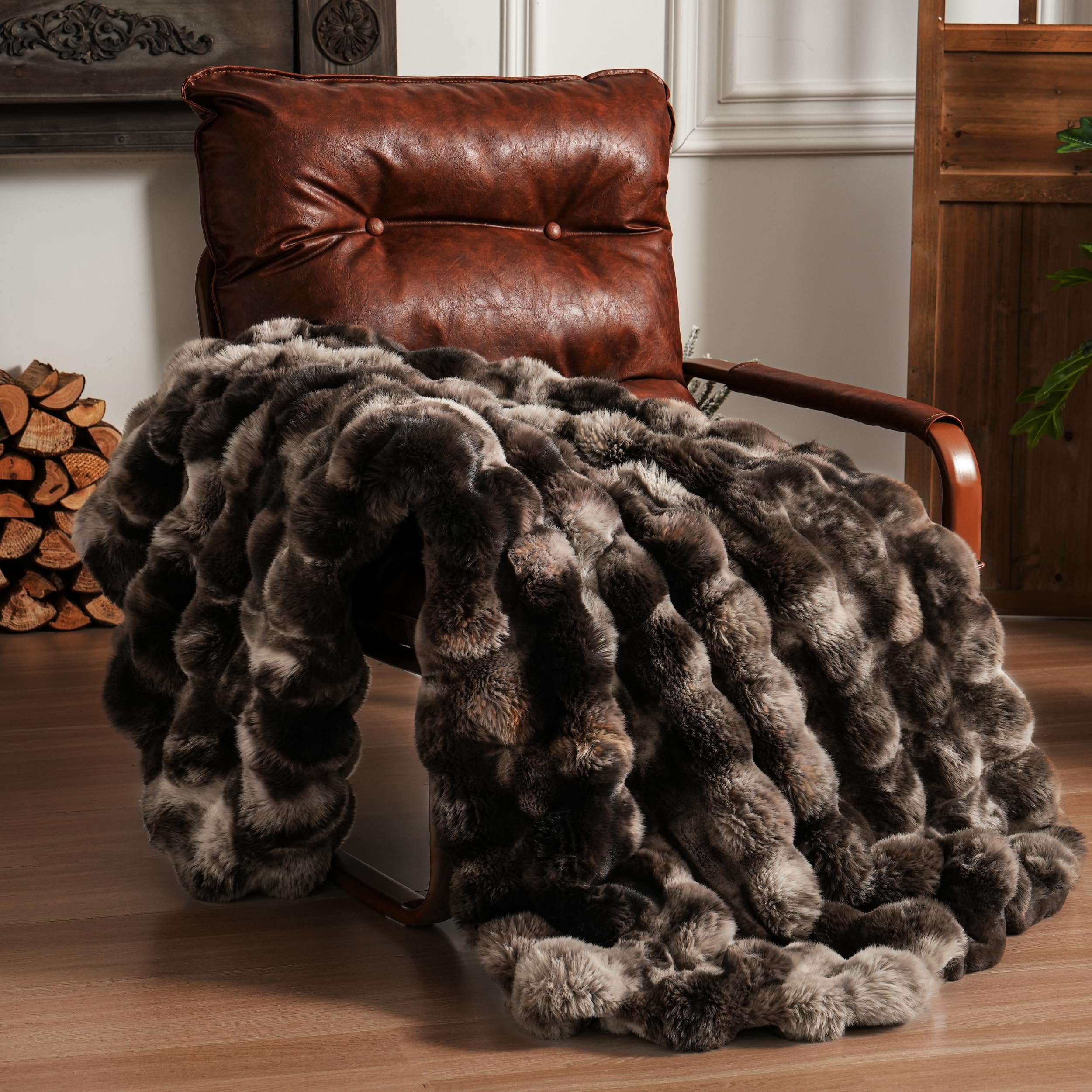 BENVWE fluffy faux fur throw with bubble texture on sofa for luxurious warmth