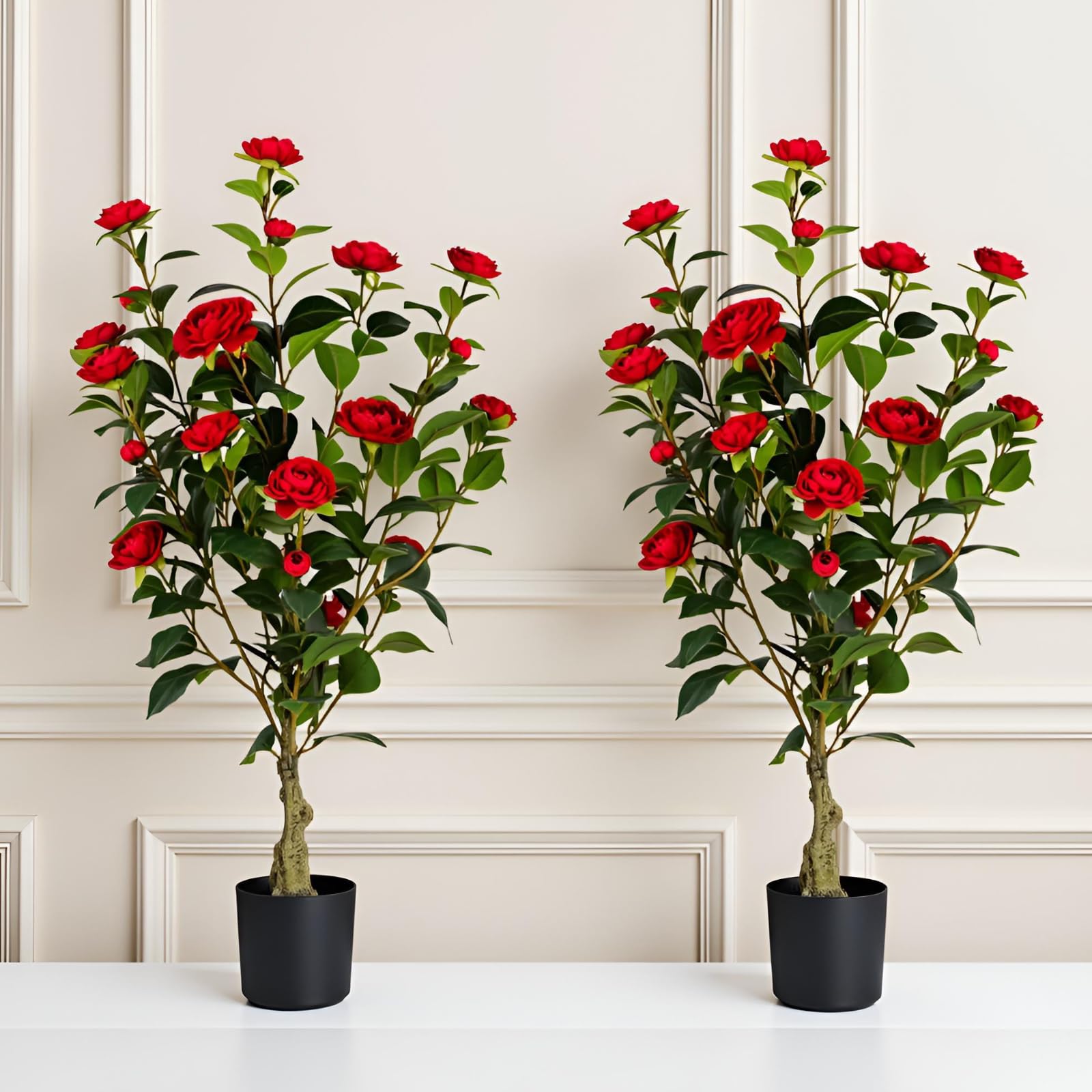 Berdkaba artificial camellia tree 2-pack with vibrant red blooms, ideal for brightening living spaces.