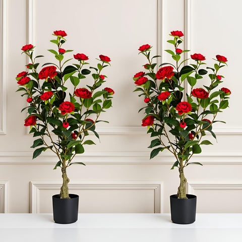 Berdkaba artificial camellia tree 2-pack with vibrant red blooms, ideal for brightening living spaces.