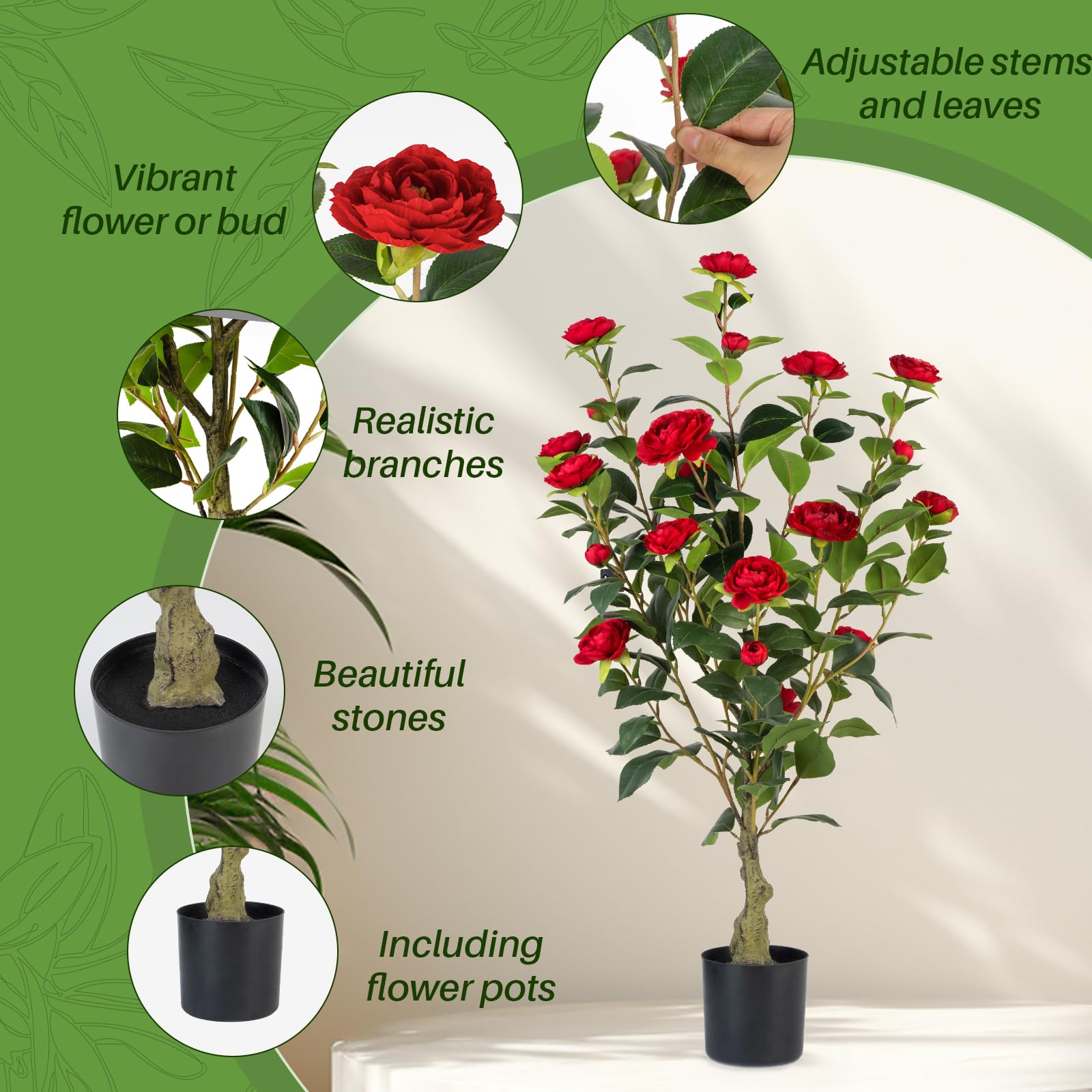 Berdkaba camellia tree in pot 36-inch, a stylish addition for offices or homes.