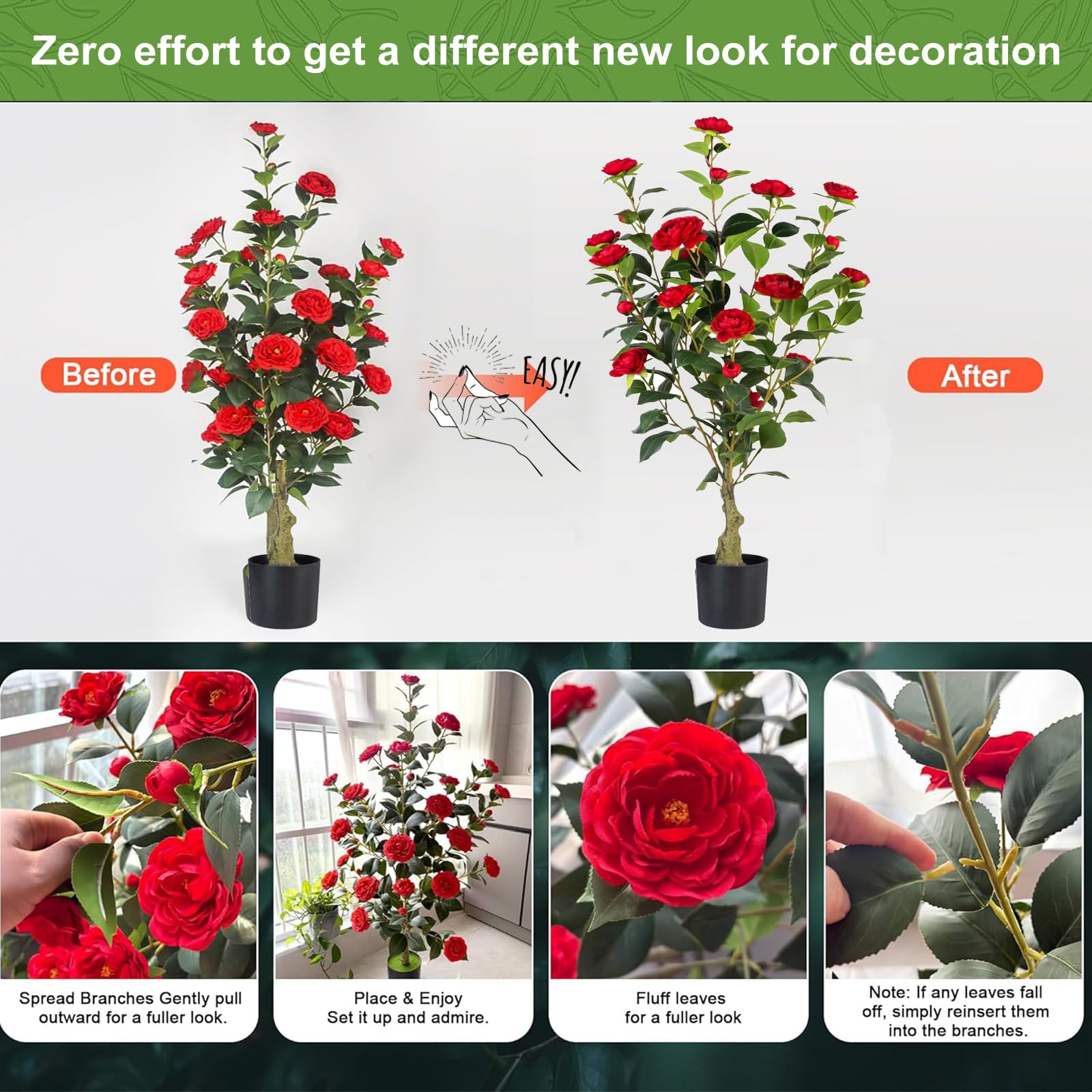 Berdkaba Christmas decor red camellias add seasonal color.