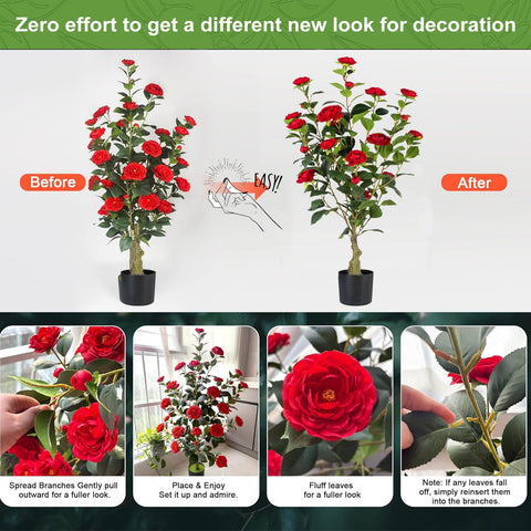 Berdkaba Christmas decor red camellias add seasonal color.