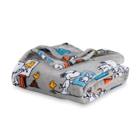 Berkshire Blanket Peanuts VelvetLoft Snoopy oversized throw in grey for cozy year-round warmth.