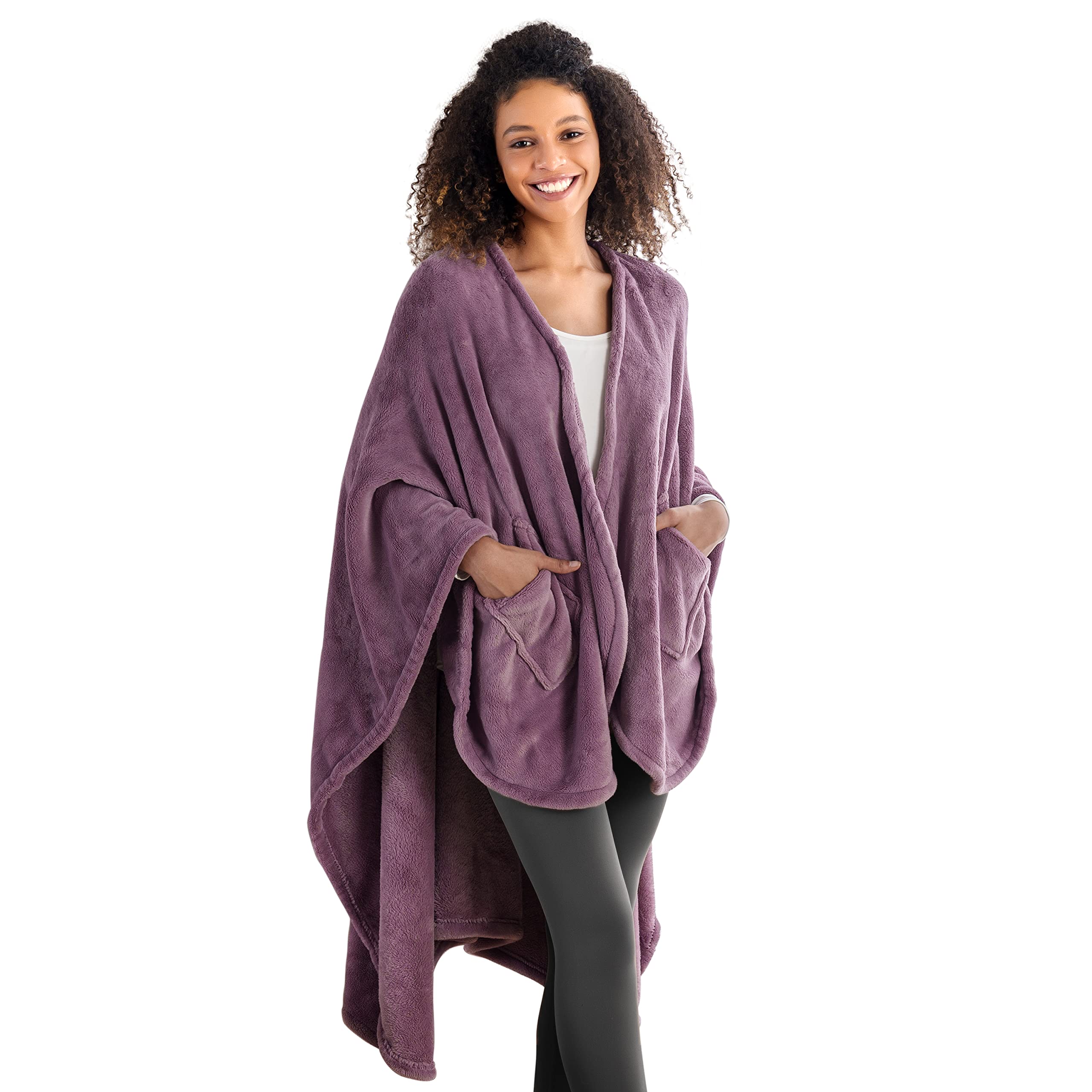 Berkshire Blanket Primalush wearable blanket in purple drapes softly for cozy lounging.