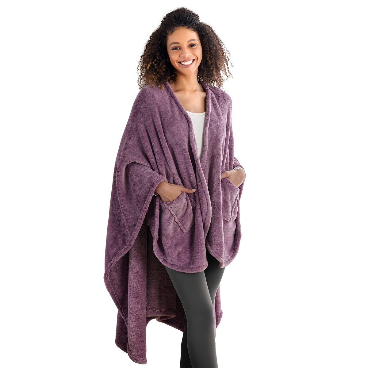 Berkshire Blanket Primalush wearable blanket in purple drapes softly for cozy lounging.