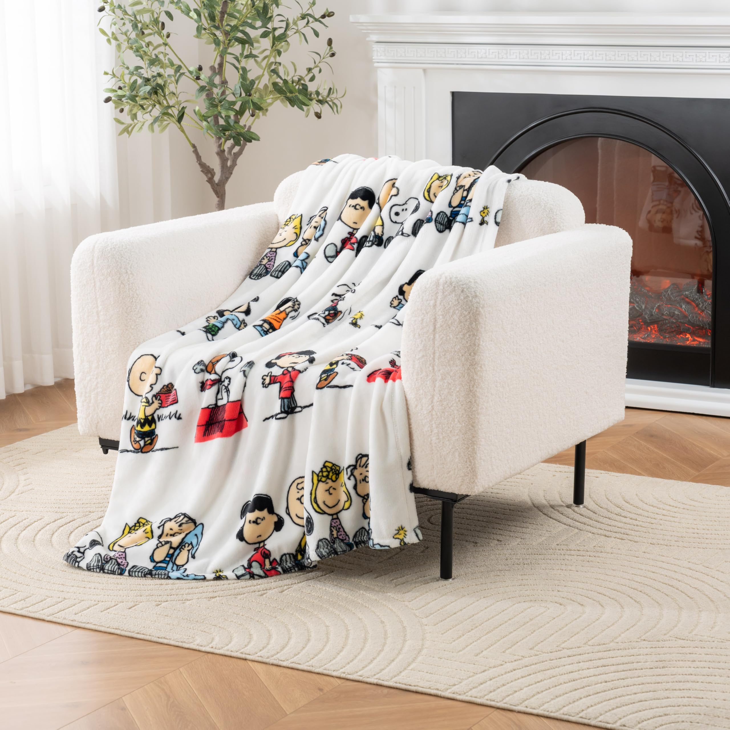 Berkshire Blanket VelvetLoft Peanuts Snoopy Throw cover scene, ultra-soft warmth for cozy couch lounging.